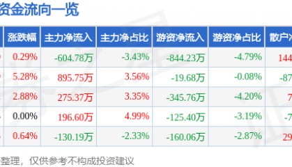 股票行情快报:大名城(600094)8月13日主力资金净卖出604.78万元
