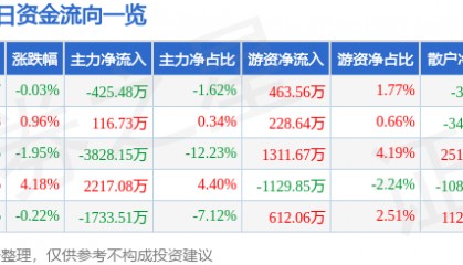 股票行情快报：中国软件（600536）4月13日主力资金净卖出425.48万元