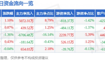 股票行情快报:张江高科(600895)7月11日主力资金净买入5072.31万元