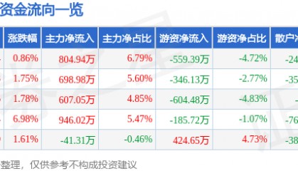 股票行情快报:ST先河(300137)8月11日主力资金净买入804.94万元