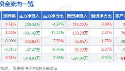 股票行情快报:大名城(600094)7月22日主力资金净卖出239.34万元