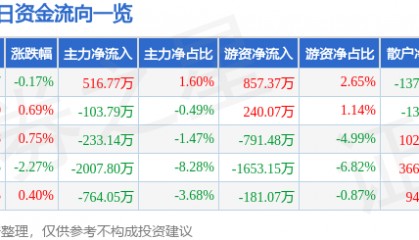 股票行情快报:湘邮科技(600476)6月13日主力资金净买入516.77万元