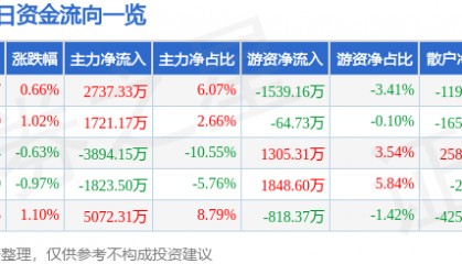 股票行情快报:张江高科(600895)7月17日主力资金净买入2737.33万元