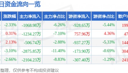 股票行情快报：康强电子（002119）9月9日主力资金净卖出1068.98万元