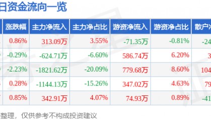 股票行情快报:龙江交通(601188)8月29日主力资金净买入313.09万元