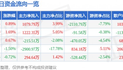 股票行情快报:康强电子(002119)8月6日主力资金净买入1079.79万元