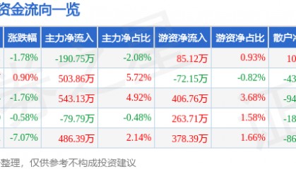 股票行情快报：大名城（600094）9月2日主力资金净卖出190.75万元