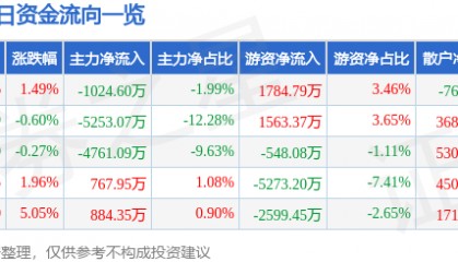 股票行情快报：海立股份（600619）5月11日主力资金净卖出1024.60万元