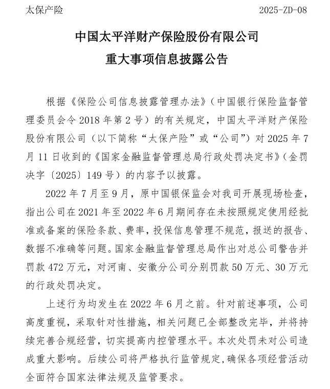 太保寿险、太保产险被罚825万元背后，中国太保净利降逾18%、投资收益大幅减少