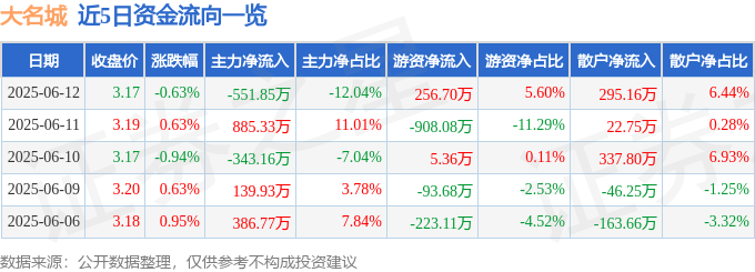 股票行情快报：大名城（600094）6月12日主力资金净卖出551.85万元