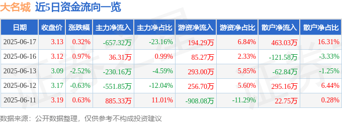 股票行情快报：大名城（600094）6月17日主力资金净卖出657.32万元