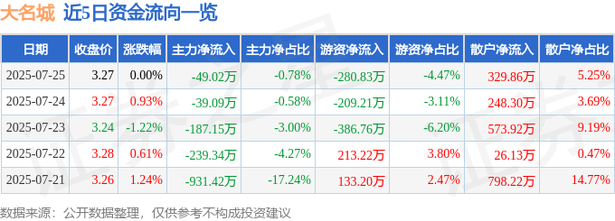 股票行情快报：大名城（600094）7月25日主力资金净卖出49.02万元