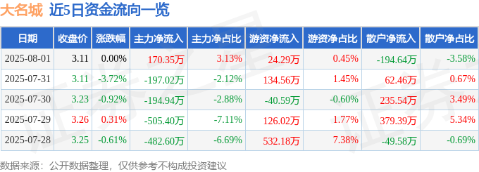 股票行情快报：大名城（600094）8月1日主力资金净买入170.35万元