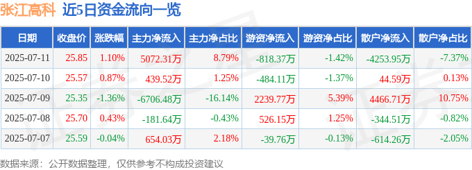 股票行情快报：张江高科（600895）7月11日主力资金净买入5072.31万元